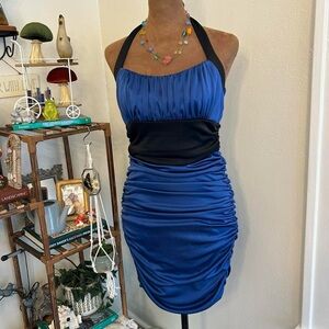 Y2K Blue & Black Ruched Satin Halter Neck Bodycon Mini Dress by Speechless